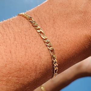 18K 3.5mm Figaro Chain Bracelet, Flat Chain Link Bracelet, Gold Filled Bracelet, Dainty Gold Bracelet, Gold Link bracelet, Women&#39;s Bracelet