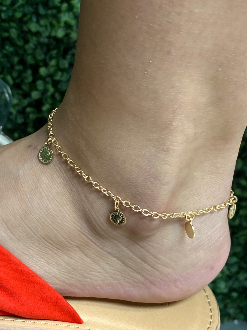 Dangling Gold Chain Anklet,Anklets,Minimalist Jewelry,Gift for her 18K GF Gold Coin Charm Anklets for Women,Gold Filled Anklet for her