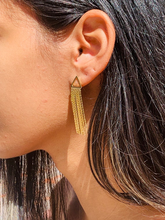 Gold Tassel Chain Drop Earrings, Womens Statement Earrings, Dressy Earrings, Elegant Dangle Earrings, Triangle Earrings, Gold Filled Fringe