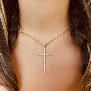18K Large Diamond Cross Necklace, Gold Necklace with Cross, Religious Gift for her, Catholic Necklace,Dainty Diamond Cross Necklace