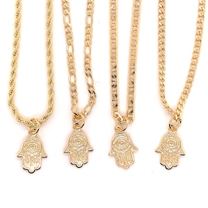 18K Dainty Gold Hamsa Hand Necklace,Small Hamsa Charm Necklace,Hamsa Jewelry,Hamsa Gift for Husband.Hamsa Necklace for son,Gold Figaro Hamsa