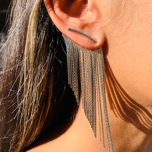 May include: Silver chain earrings with a long, thin, silver bar hanging from the top. The earrings are dangling and have a fringe-like appearance.