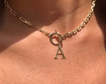 18K Chunky Gold Filled Initial Necklace,Dainty Half Paperclip Letter Necklace,Gold Filled Link Chain,Minimalist Necklace,Gold Layering Chain