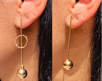 18K Gold Ball Drop Earrings, Statement Earrings, Gold Dangle Earrings, Modern Bar Earrings, Minimalist Gold Earrings, Simple Drop Earrings