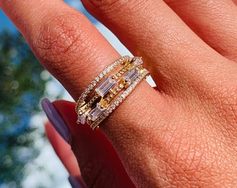 Dainty Gold Filled Stacking Ring, Diamond CZ ring, Minimalist ring, Baguette Ring, Womens Chunky Ring, Diamond Band, Chunky gold ring