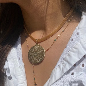 Collar de oración de moneda de nuestro padre de 18 quilates, cadena Padre Nuestro, collar de medallón de nuestro padre, regalo religioso para ella, rosario de piedras preciosas, oración de los señores