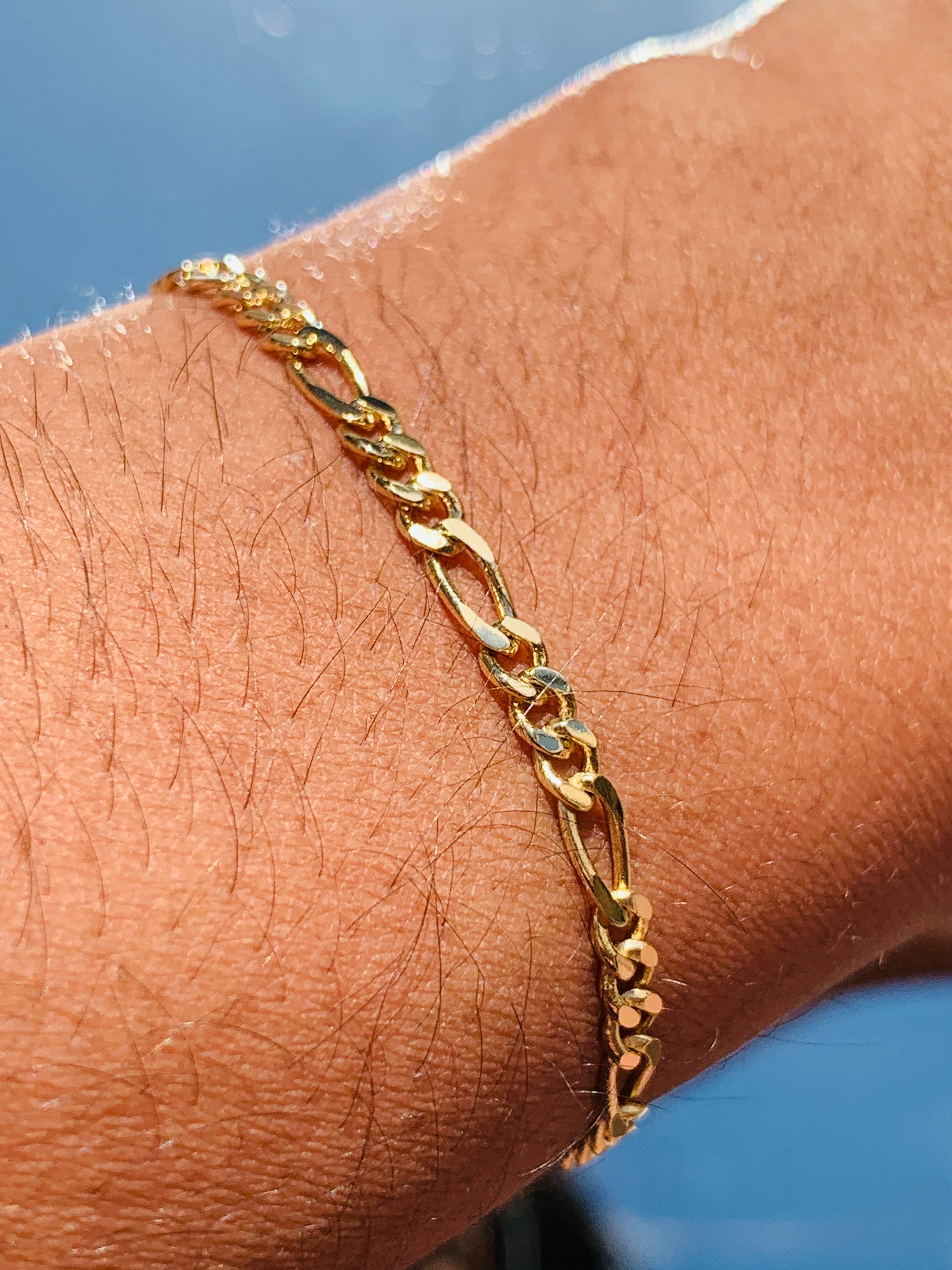 18K 3.5mm Figaro Chain Bracelet, Flat Chain Link Bracelet, Gold