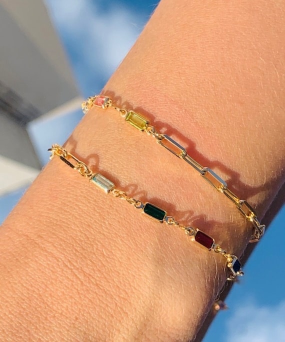 Pulsera Dorada Namana Con Circonita Verde Talla Baguette - Ajustable - Regalo Mujer