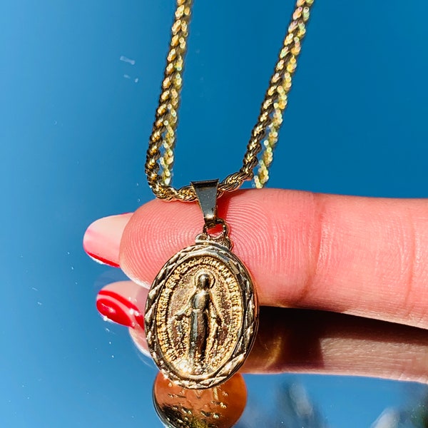 18KT Miraculous Mary Medal Necklace, Gold Filled Virgin Mary Necklace, Catholic Necklace, Christian Jewelry, Religious Gift, Blessed Mother