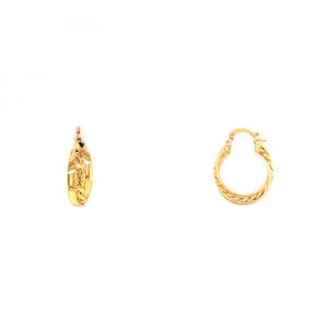 May include: A pair of gold hoop earrings featuring a twisted rope texture. One earring is shown from a side profile view, while the other is displayed from the front, revealing the circular shape and the hinged post mechanism for secure closure.