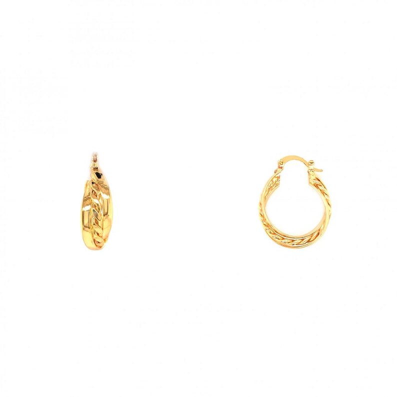 May include: A pair of gold hoop earrings featuring a twisted rope texture. One earring is shown from a side profile view, while the other is displayed from the front, revealing the circular shape and the hinged post mechanism for secure closure.