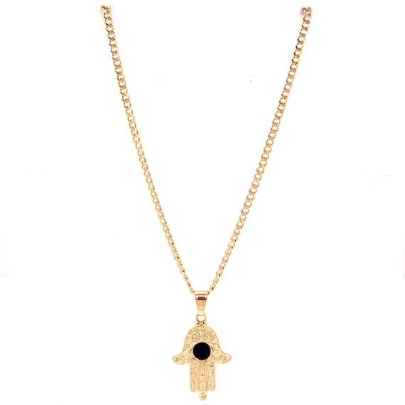 18k GF Mens Hamsa Necklace gold Gilled Hamsa on Figaro Necklace