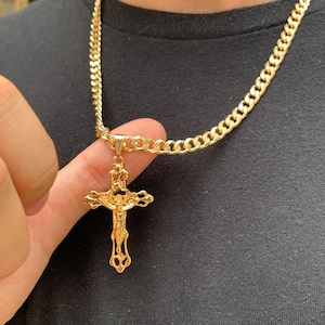 18K dikke ketting met gouden kruisschakelketting, gold filled kruisketting, herenkruissieraden, christelijke sieraden voor zoon, gouden herensieraden,