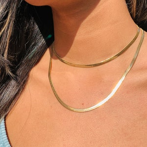 18&quot; Snake Necklace,Herringbone Chain,Flat Chain Choker,Gold Snake Chain,Thick Gold Choker,Minimalist Necklace,18KT Gold Filled Herringbone