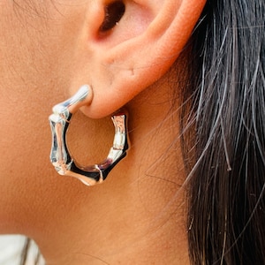 Sterling Silver Bamboo Hoop Earrings, Chunky Silver Hoops, Thick Hoops, Hoop Earrings, 925 Jewelry, Silver Earrings, Gift for her, Boho Hoop