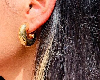 May include: Gold hoop earrings with a thick, rounded design. The earrings are worn in the left ear of a person with long, dark hair.