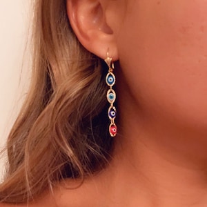 18K Dainty Evil Eye Earrings,Lucky Eye Earrings,Greek Eye Earrings for Her,Mal de Ojo,Evil Eye Jewelry,Drop Earrings, Dangle Earrings