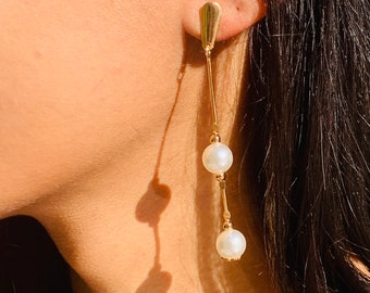 18K Dainty Pearl Drop Earrings, Gold Filled Dangle Chain Earrings, Simple Pearl Teardrop Earrings, Statement Earrings, Modernist Earrings