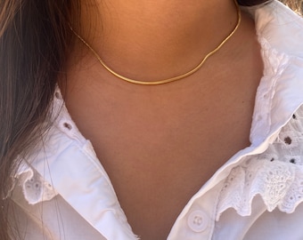 Könnte beinhalten: Eine zarte goldene Kettenkette, getragen von einer Person mit langen dunklen Haaren, auf einem weißen Hemd mit Spitzenkragen.