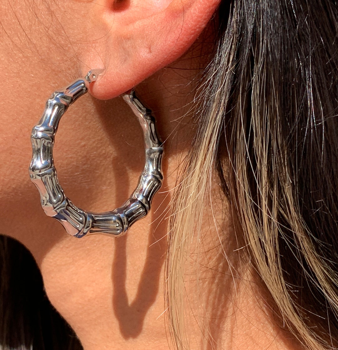 Silver Medium Bamboo Hoop Earrings,large Gold Hoops,hammered