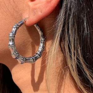 Silver Medium Bamboo Hoop Earrings,Large Gold Hoops,Hammered Gold Hoops, Hoop Earrings,Bamboo Hoops,Chunky Silver Bamboo Hoops,Thick Hoops