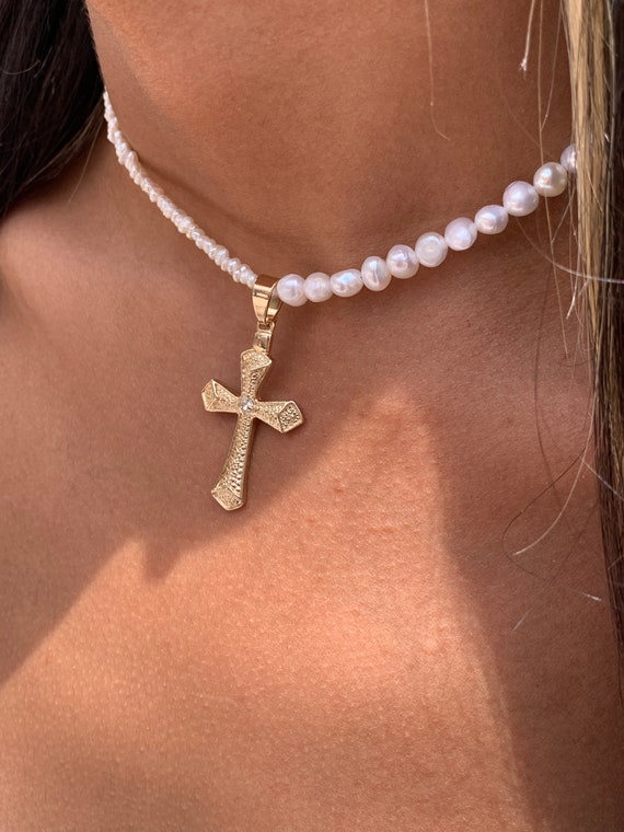 Pearl cross choker sale necklace
