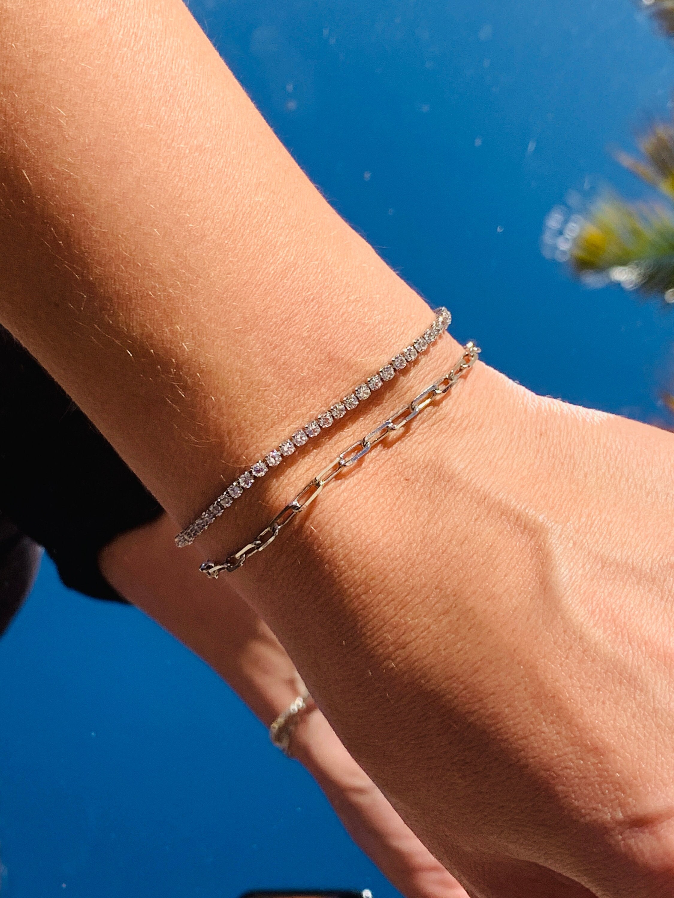Silver Tennis Bracelet Set, Paperclip Chain, Stacking Bracelets