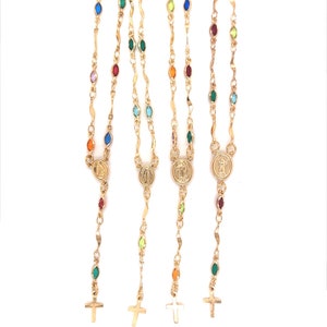 Colorful Rosary Chain Necklace,Gemstone Rosary Chain,Gold Layered Tiny Cross Necklace,Gemstone Rosary,Religious Gift for her,Rosary chain