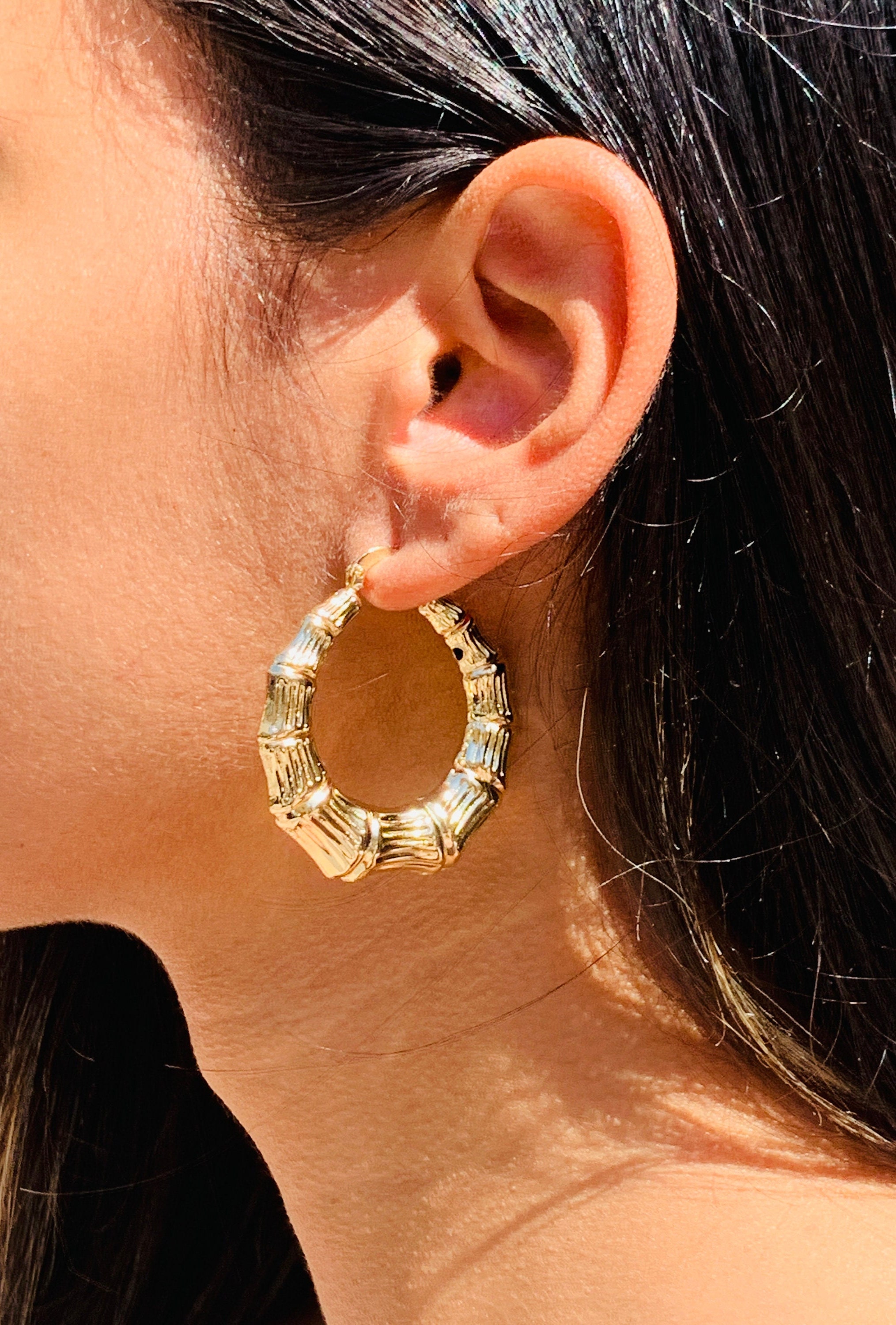 Medium Bamboo Shaped Earrings Large Gold Hoops Hammered Gold