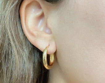 May include: A pair of gold hoop earrings. The earrings are simple and classic, and they would be a great addition to any jewelry collection.