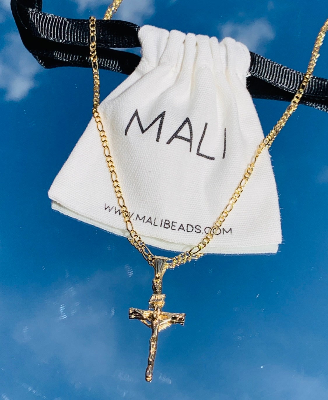 thumbnail interactive-video image 1 of Rustic Cross Necklace – 14K Yellow Gold Filled Figaro Chain, 24 Inch Religious Pendant 1 of 6
