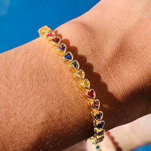 Pulseira de tênis colorida 18K, colar de coração, pulseira feminina, pulseira empilhável, colar de camadas, pulseira de coração de ouro, para ela