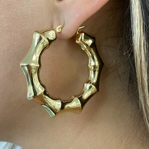 Bamboo Shaped Earrings, Gold Plated Bamboo Hoop Earrings, Lightweight Statement Hoops, Chunky Stainless Steel Gold Hoops, Gift for Her