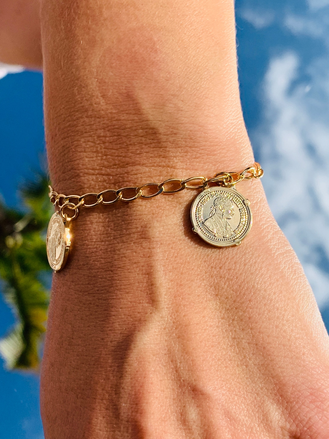 18K Dangling Coin Charm Gold Bracelet layering Bracelet gold Filled Charm Bracelet christian Jewelry coin Jewelry coin Stacking Bracelet Etsy