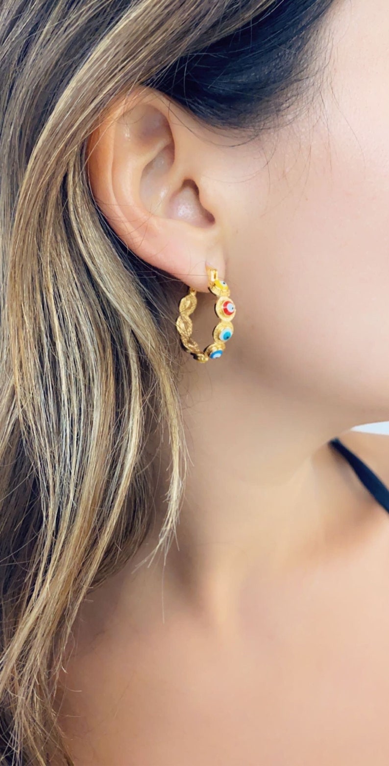 18K Evil Eye Hoop Earrings, Boho Hoops, Evil Eye Jewelry, Gold Filled Earrings, Aretes Mal de Ojo, Greek Eye Hoops, Turkish Eye Hoops image 3