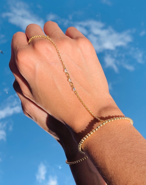 Hand Chains 14K Gold Hand Chain Bracelet Set Adjustable Finger