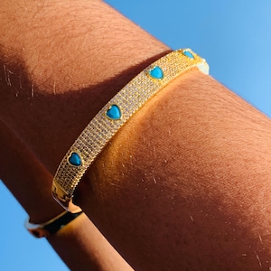 Heart Bangle Bracelet, Gold Gemstone Bangle, Stackable bracelet, Cuff Stacking Bangles for Her,Diamond Cuff, Anniversary Gift for Girlfriend