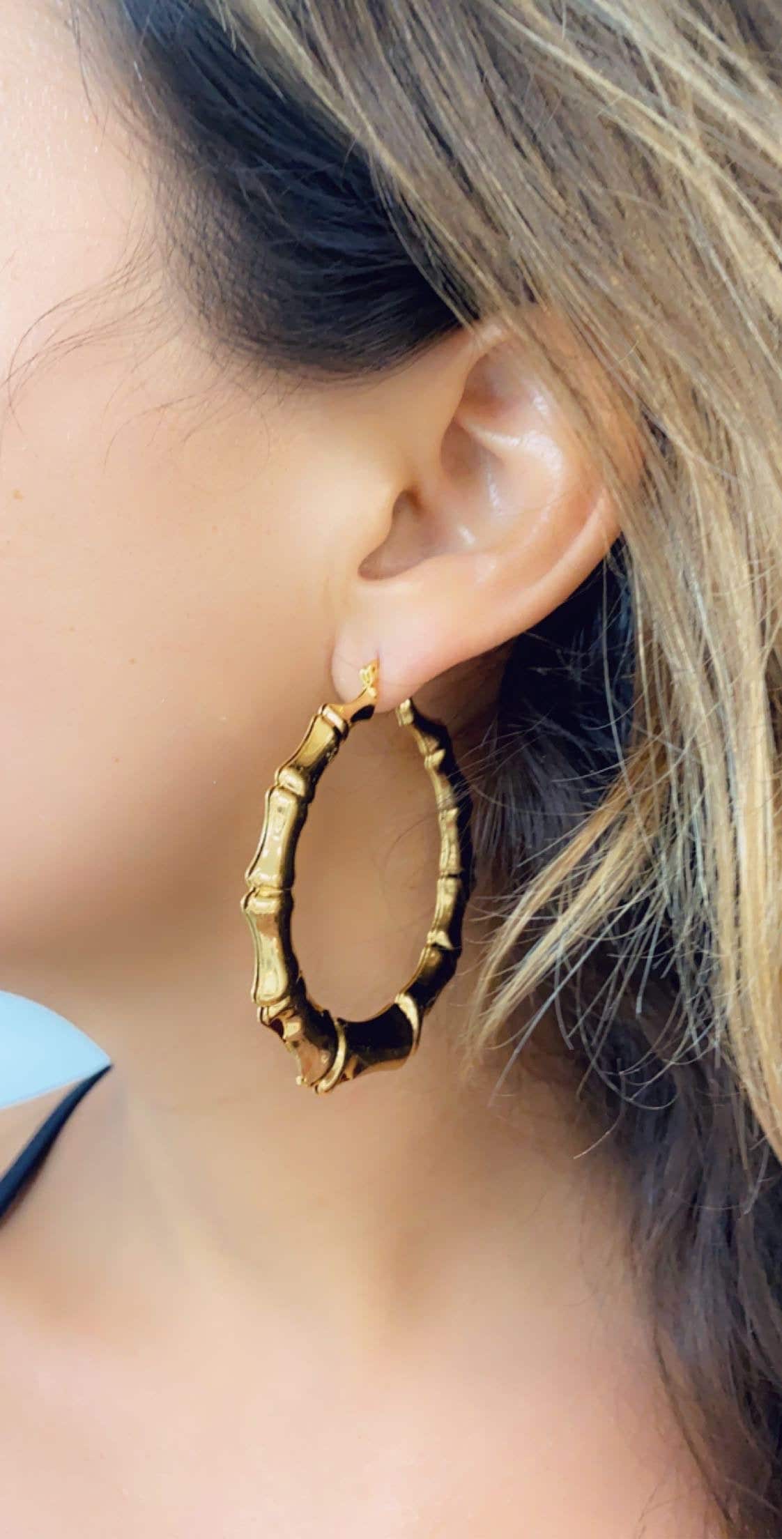 18K Large Bamboo Hoops waterproof Hoops gold Filled Lightweight Bamboo Hoop Earrings boho Hoop Earrings chunky Gold Hoops Etsy