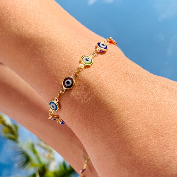 18K Gold Filled Evil Eye Armband, Buntes Auge Armband, Schutz Armband, Multicolor Armband, stapelbare Armbänder, Schichtarmbänder