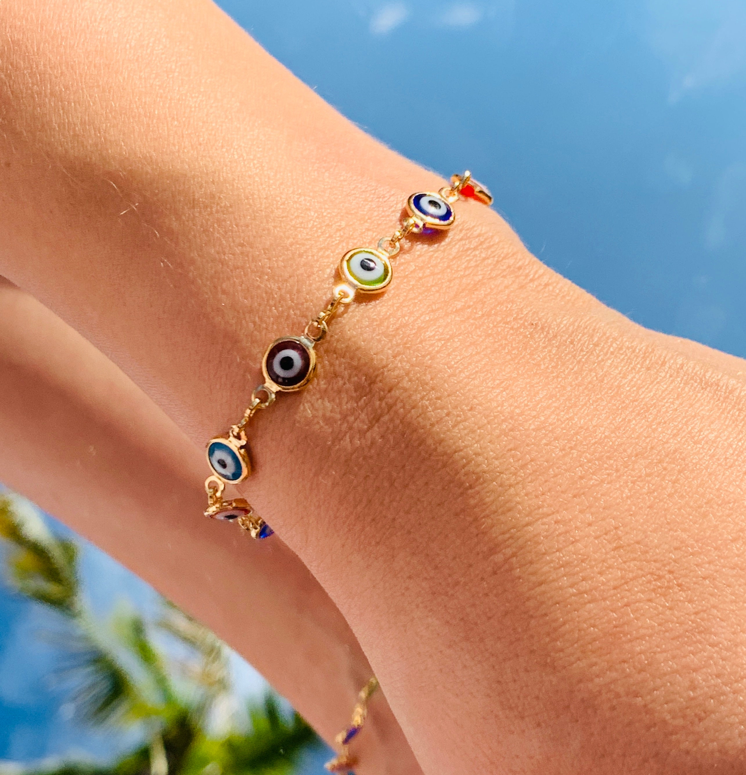 Bracciale Catena Con Ciondolo Cuore E Occhio Di Allah (Evil Eye) - Placcato Platino/Oro, Lunghezza Regolabile 17-22 Cm - Regalo Portafortuna Per Donne