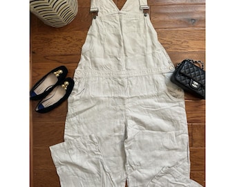 Vintage 100% Linen Overalls Jumpsuit Womens XL Beige REAL Comfort Coastal Boho