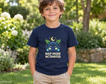 T-shirt voor kinderen met de tekst "Slaapmodus geactiveerd" | Slaperig Pixelmonster | Marineblauwe katoenen gamer-t-shirt