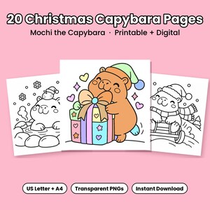 20 Capybara Christmas Coloring Pages, Kawaii Printable + Procreate, Bold Easy Kids Holiday Coloring