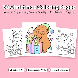 50 Kawaii Christmas Coloring Pages, Capybara Bunny Kitty, Printable + Procreate, Bold Easy Kids Holiday Coloring