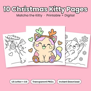 10 Kitty Christmas Coloring Pages, Calico Cat, Kawaii Printable + Procreate, Bold Easy Holiday Coloring