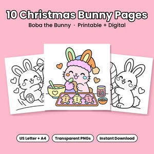 10 Bunny Christmas Coloring Pages, Kawaii Printable + Procreate, Bold Easy Kids Holiday Coloring