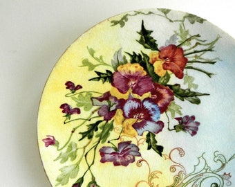 Antique hand painted plate pansy and scroll art nouveau Edwardian viola floral serving cake flowers and leaves ombre glaze dated Dec 1903