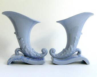 Pair of cornucopia vases Art Deco light blue stylized neoclassical classic porcelain powder blue interior design table home decor c 1930