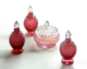 Fenton glass vanity set hobnail cranberry opalescent three cologne perfume bottles powder jewelry box gift romantic decor collectible c 1950