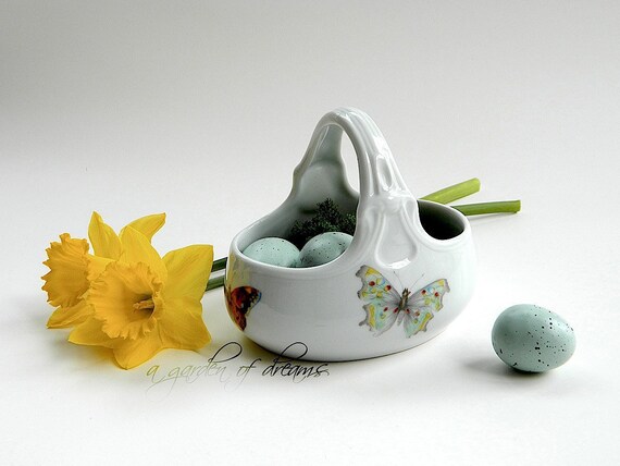 Art nouveau Limoges basket bowl butterfly collectible French country cottage chic vintage home decor Bernardaud & Co. France